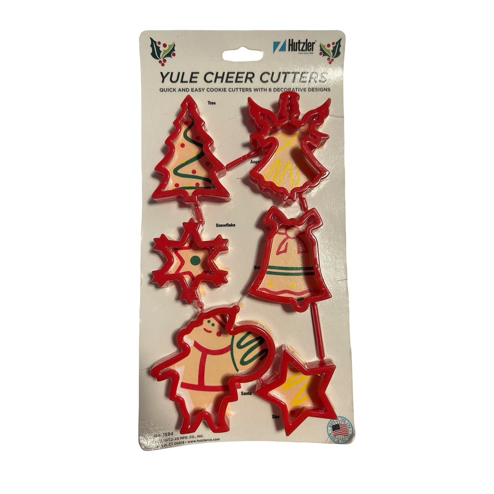 Hutzler Yule Cheer Cookie Cutters Set of 6 Red Plastic Christmas Tree Santa Star